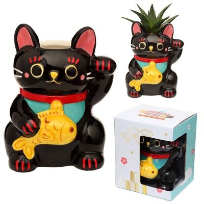 Black Maneki Neko Lucky Cat - Maceta de cerámica para interior/maceta