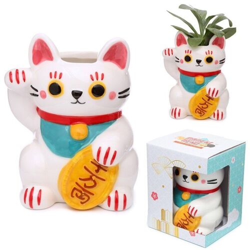 White Maneki Neko Lucky Cat Ceramic Indoor Planter/Plant Pot