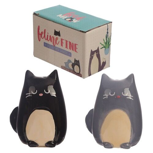 Feline Fine Black and Grey Cat Ceramic Salt and Pepper Set