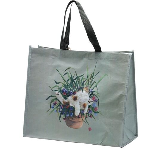 Kim Haskins Floral Cat in Plant Pot Green RPET Shopping Bag