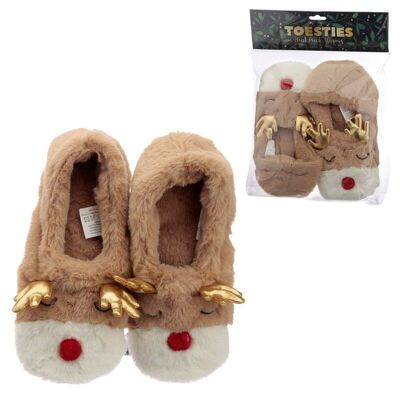 Pantuflas cálidas de felpa con diseño de reno navideño (talla única)