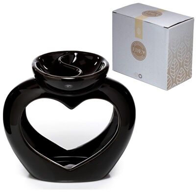Quemador de aceite y cera de plato doble en forma de corazón de cerámica negra