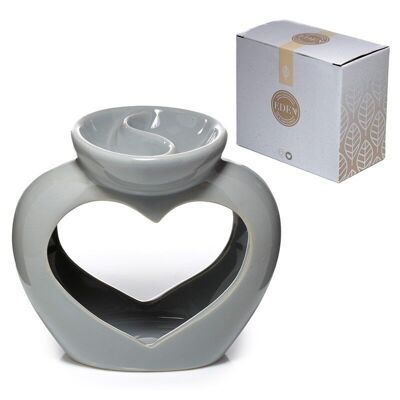 Quemador de aceite y cera de plato doble en forma de corazón de cerámica gris