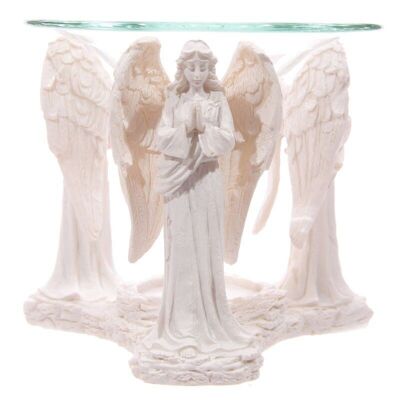 Quemador de aceite de figura de ángel rezando blanco con plato de vidrio
