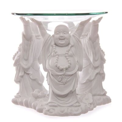 Bruciatore a olio e cera del Buddha che ride bianco con piatto in vetro