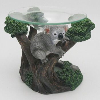 Brûleur à huile et cire Koala in Tree en résine avec plat en verre 1