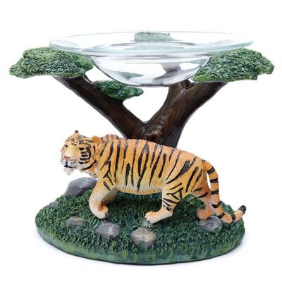 Tigre avec brûleur à huile et cire en résine d'arbre avec plat en verre