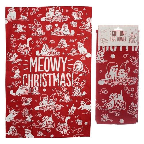 Poly Cotton Tea Towel - Simon's Cat Meowy Christmas