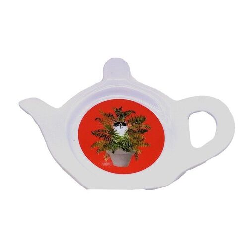 Kim Haskins Cat in Plant Pot Red Porcelain Teabag Dish