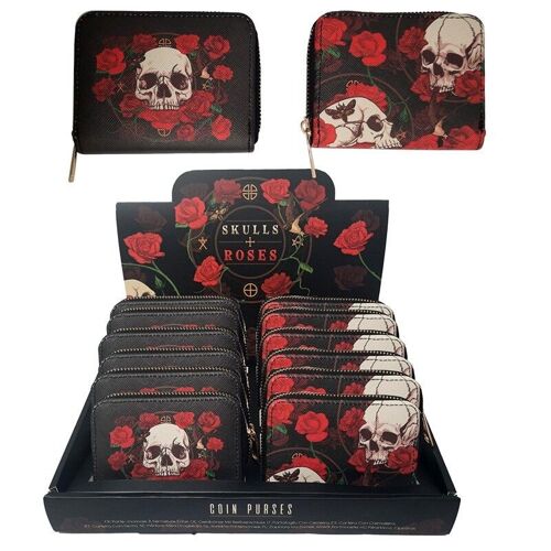 Skulls and Roses Zip Around Small Wallet Purse