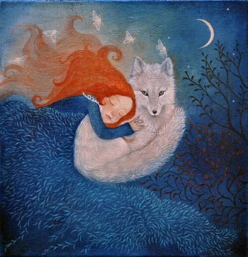 Lucy Campbell greeting card, "guided by moonlight", arctic fox and girl, red hair