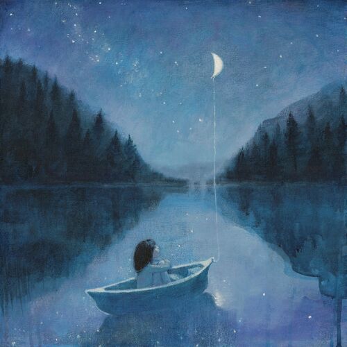 Lucy Campbell greetings card "Wired to the Moon", original artwork, boy in boat, moon, reflections, stars, night sky, magical realism