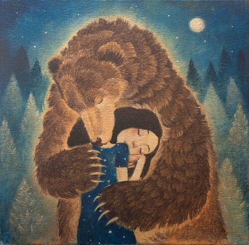 Greetings card "Tuesday's Bear", girl with bear, brown bear, bearhug