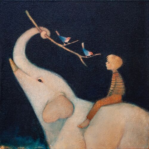Lucy Campbell greeting card, "Harbingers of Hope", elephant, boy, little birds, messengers