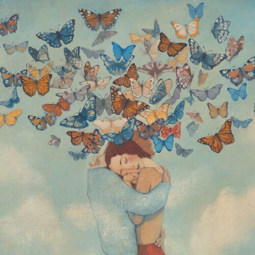 Lucy Campbell greetings card "The fragrance of our days", original artwork, butterflies, lovers embracing, floating, clouds.