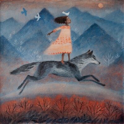 Lucy Campbell greeting card "Every morning the world is created" dark-skinned girl riding blindfolded on wolf, leap of faith, birds
