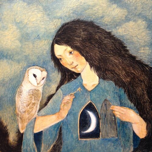 Lucy Campbell greetings card "Night Beckons".  Unique greeting card. Woman, owl, door, key, moon.