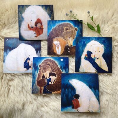 Lucy Campbell greetings cards pack, six small cards with envelopes, 6 bear designs. Polar bear, brown bear, girl and boy hugging bears