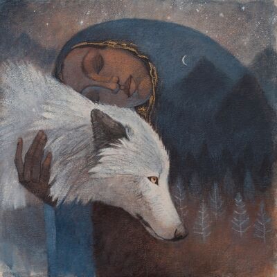 Lucy Campbell greetings card, "You carry the mountain within you". Dark skinned woman, white wolf, mountain, stars, forest.