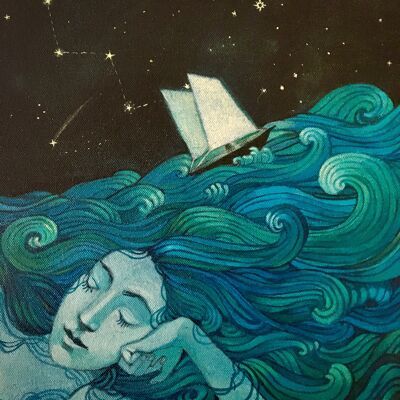 My Mind is an Ocean - greeting card by Lucy Campbell - woman, hair, ocean waves, sailboat, stars, navigation, stormy seas