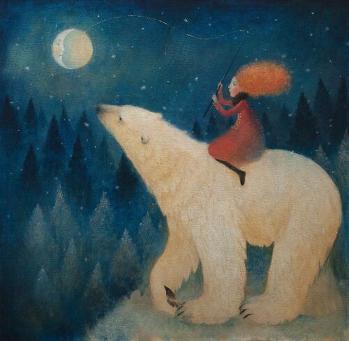 Lucy Campbell greeting card "Catch me the Moon", polar bear, girl in red, catch the moon, winter solstice