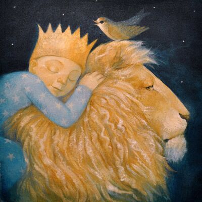 Lucy Campbell card, greeting card, Christmas, winter solstice, sleeping boy, lion, bird.