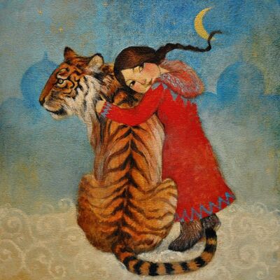 Lucy Campbell greetings card, "Tiger for Tatiana", tiger, girl, winters greetings, winter Solstice, Christmas card