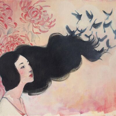 Lucy Campbell greetings card 'The places you'll go'.  Japanese styled painting with birds and chrysanthemums
