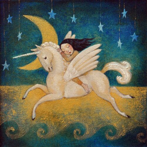 Lucy Campbell greetings card "Golden Moon", original artwork, unicorn, winged horse, moon, stars, girl. Unique greeting card.