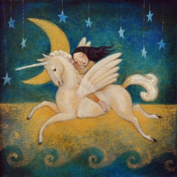 Carte de voeux Lucy Campbell "Golden Moon", oeuvre originale, licorne, cheval ailé, lune, étoiles, fille. Carte de voeux unique.