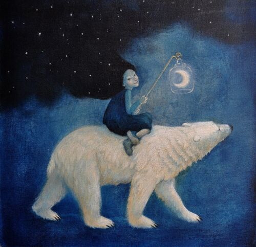 Lucy Campbell greetings card, "Northern Light", polar bear, moon lamp, winter Solstice