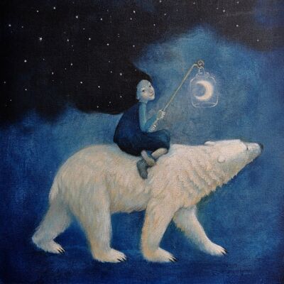 Lucy Campbell greetings card, "Northern Light", polar bear, moon lamp, winter Solstice