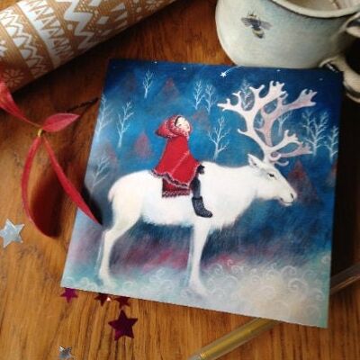 6 notelet Christmas cards, lovely for Winter Solstice, ideal Christmas cards. Lucy Campbell cards, reindeer, Sami girl.