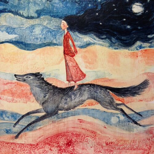 Lucy Campbell greetings card "The Hungry Soul". Unique greeting card, woman running with wolf.