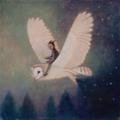 Greeting card - "Boa Noite" - Lucy Campbell art - owl, creature of the night, moon, stars, forest, night flight, fantasy art