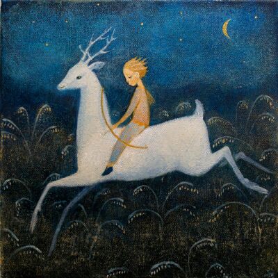 Lucy Campbell greetings card "Hunter of Dreams". Unique greeting card. Boy with bow and arrow, white stag leaping.
