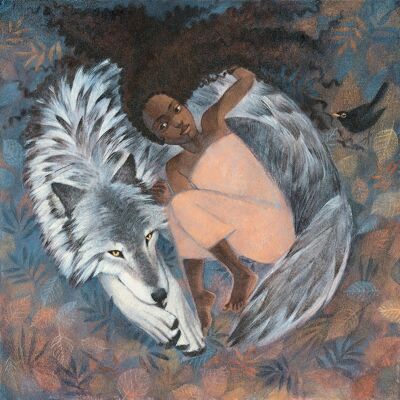 Lucy Campbell greeting card "Strong Girl" dark-skinned girl with wolf, blackbird, big hair