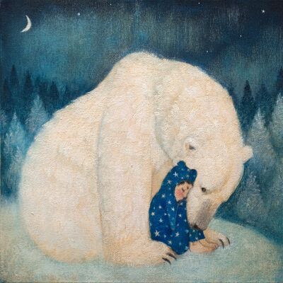 Lucy Campbell greeting card "Boy in Blue 2" polar bear hugging boy in blue starry pyjamas, winter solstice, Christmas card