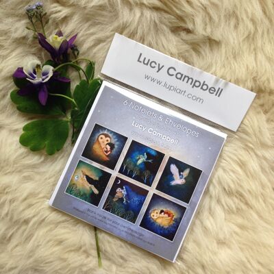 Lucy Campbell greetings cards pack, six small cards with envelopes, owl and nightingale designs. Night birds