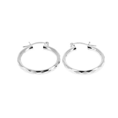 Small silver hoop earrings with beveled chiseled diamonds
