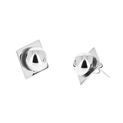 Silver ball earrings mounted on a square
