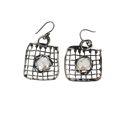 Blackened silver square grid and pearl earrings
