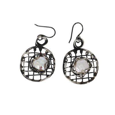 Blackened silver round grid and pearl earrings