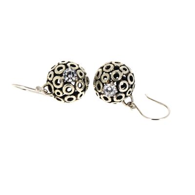 Large silver honeycomb ball and white crystal earrings