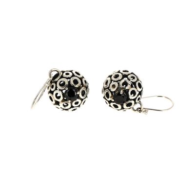 Large silver honeycomb ball and black onyx earrings