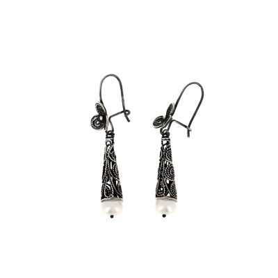 Silver cone lace and pearl earrings