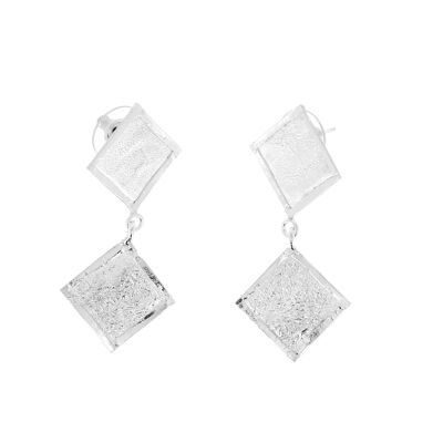 Crumpled silver earrings with two diamonds