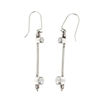 Long and thin silver earrings with two white pearls