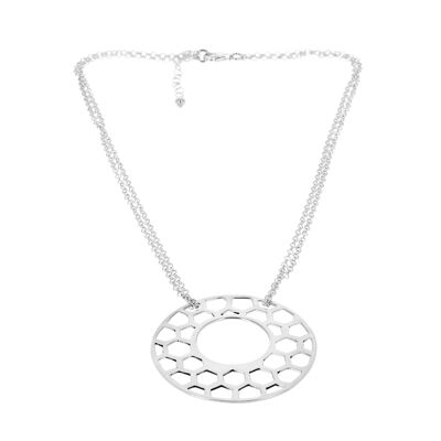 Silver necklace with round honeycomb medallion and double chain