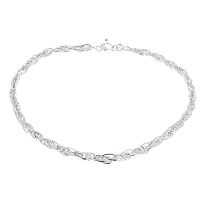 Silver necklace intertwined oval links three by three